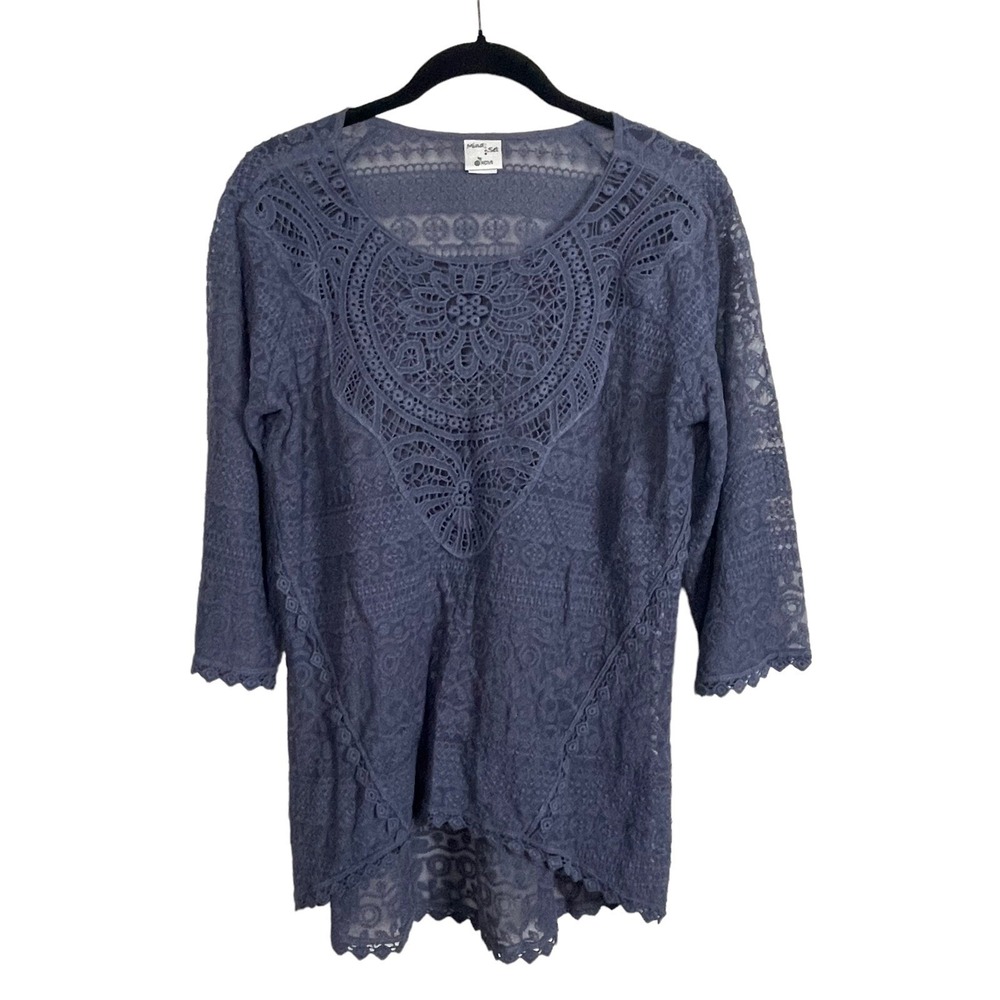 Mindset by XCVI Lace Tunic Women PL Blue Excellent Crochet Boho Blouse